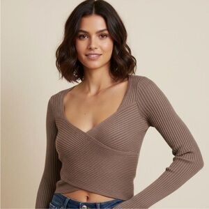 Abercrombie & Fitch Soft AF Collection Brown Cropped Ribbed Crossover Sweater